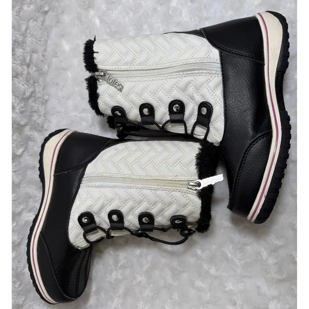 Totes Makenzie Girls Winter Boots‎ White Black Quilted Faux Fur Zip Size 2 Med